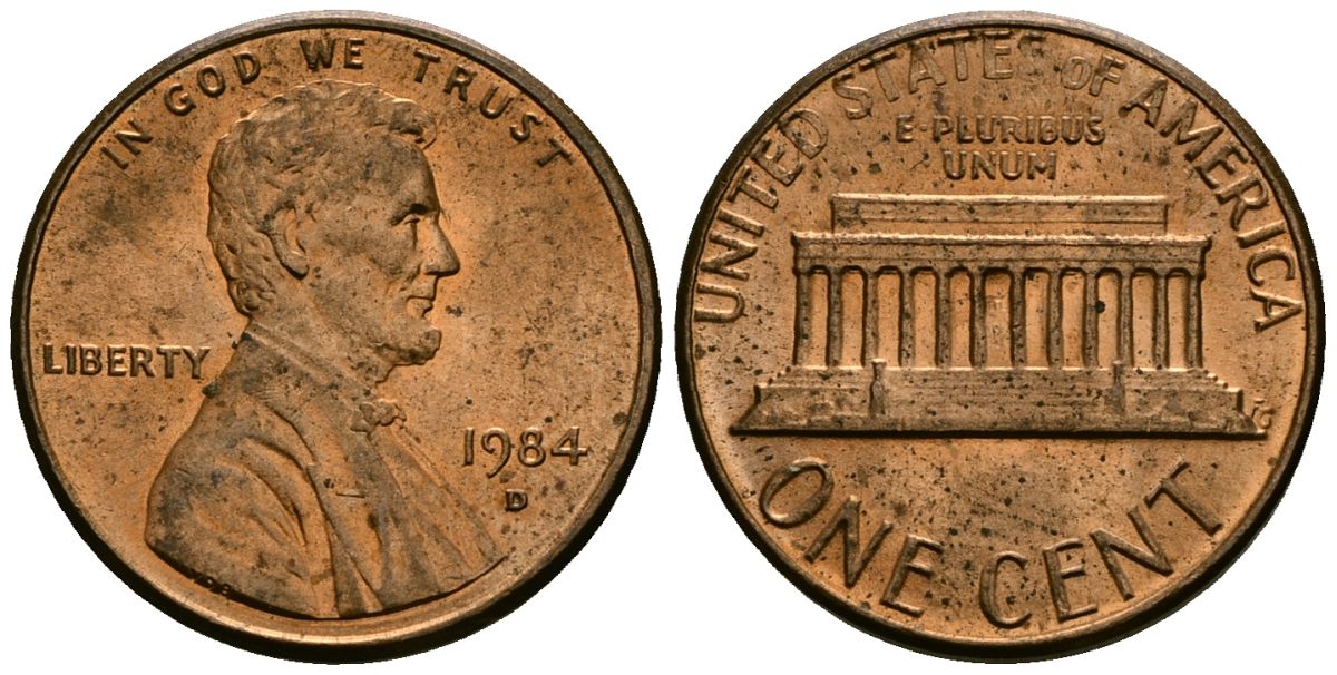 США 1 цент 1984 D, Линкольн KM 201b цинк плакированный медью 4136-235