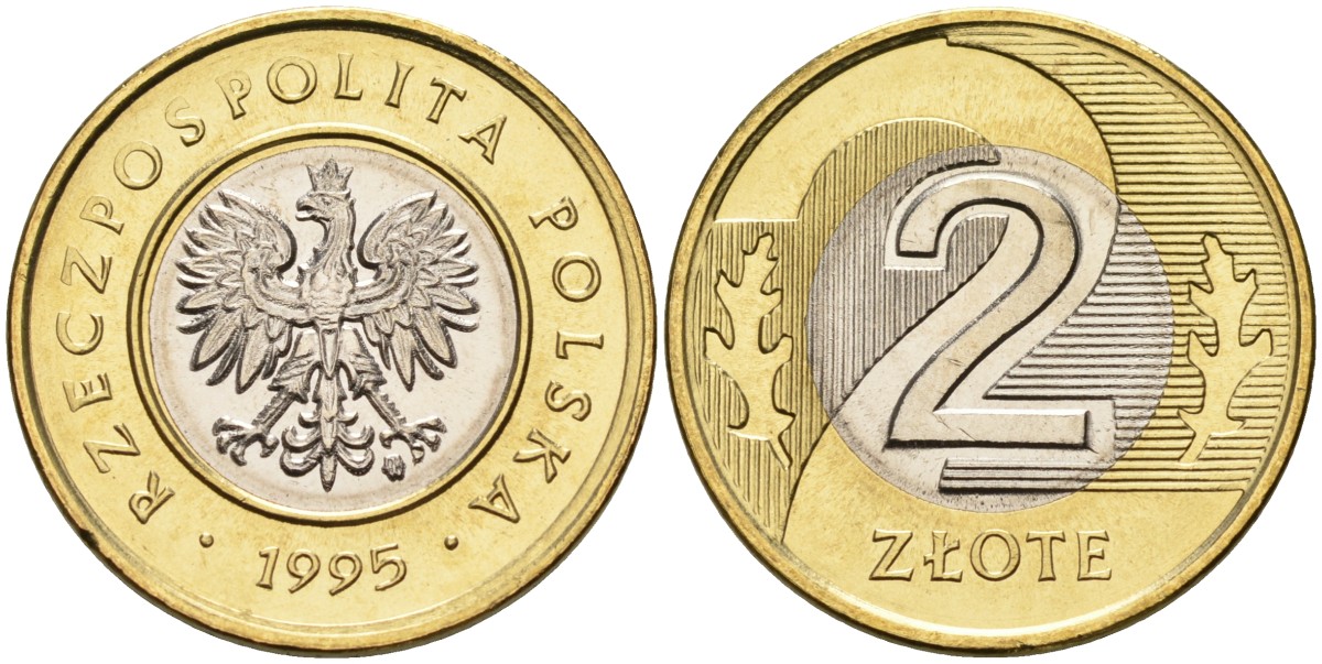 Польша 2 злотых 1995 MW KM 283 биметалл UNC 1096-5-55