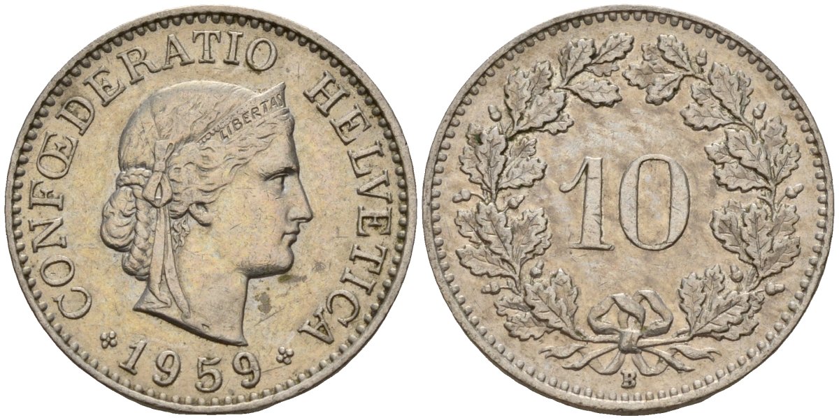 Швейцария 10 раппенов 1959 B KM 27 медно-никель 4189-351