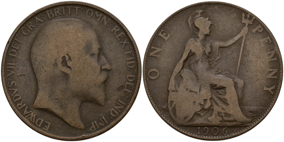 Великобритания 1 пенни 1906 Эдуард VII (1901-1910) KM 794.2, Sp 3990 бронза 4149-1144