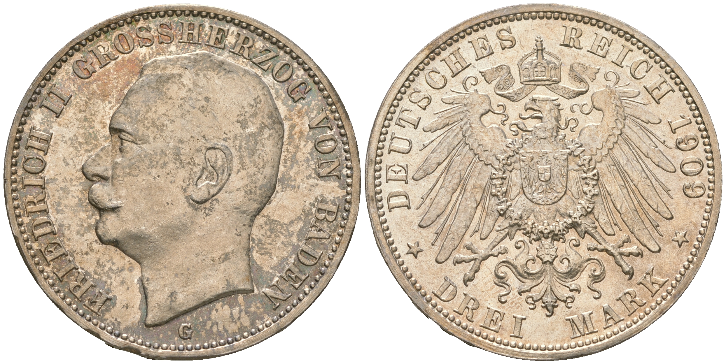 Баден 3 марки 1909 Фридрих II (1907-1918) J. 39, KM 280 серебро 00-901-12