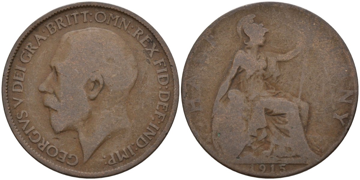 Великобритания 1/2 пенни 1915 Георг V (1910-1936) KM 809, Spink 4056 бронза 4146-133