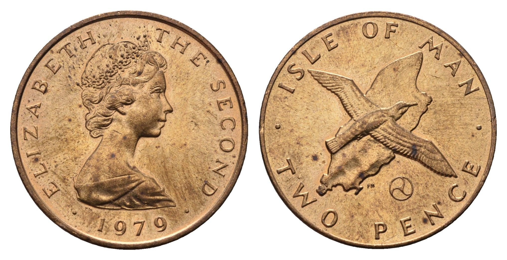 Остров Мэн 2 пенса 1979 птица, Елизавета II (1952-2022) KM 34 бронза UNC 4122-1144
