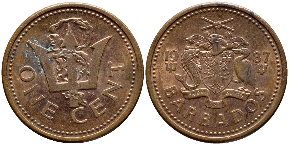 Барбадос 1 цент 1987 сломанный трезубец Британии KM 10 бронза 4396-1264