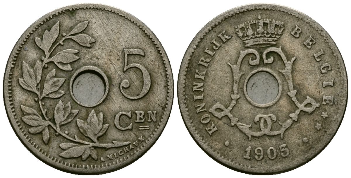 Бельгия 5 сантимов 1905 Belgie KM 55 медно-никель 4173-132