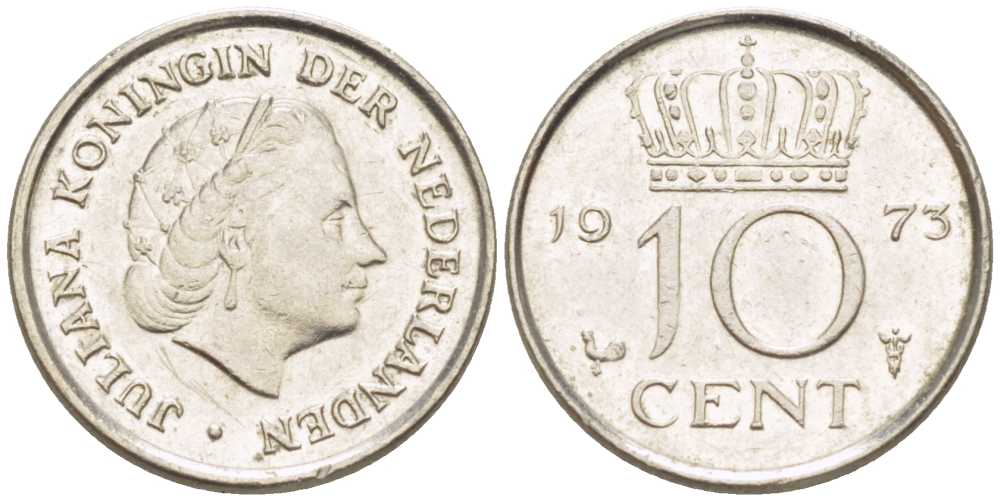 НИДЕРЛАНДЫ 10 ЦЕНТОВ 1973 ЮЛИАНА (1948-1980) KM 182 никель 214-1267