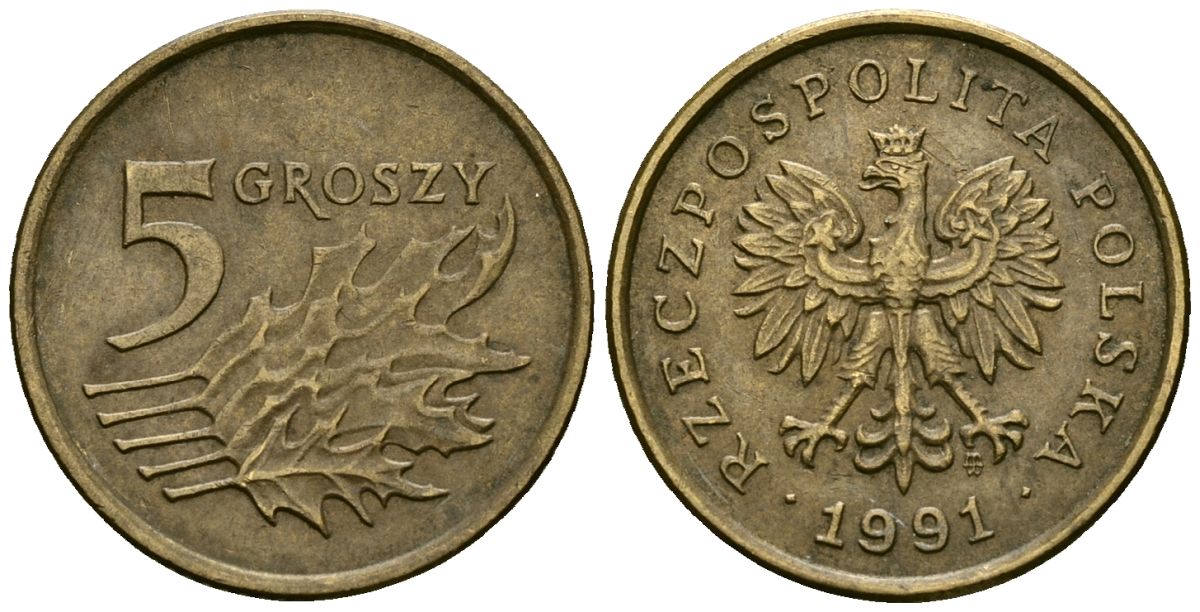 Польша 5 грошей 1991 Y 278 латунь 4136-768