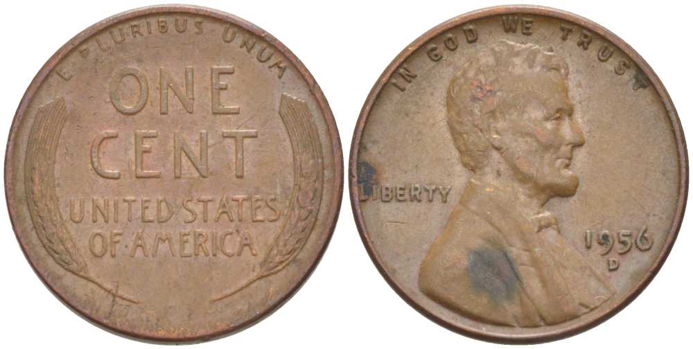 США 1 ЦЕНТ 1956 D, ЛИНКОЛЬН KM А132 медь цинк 218-267