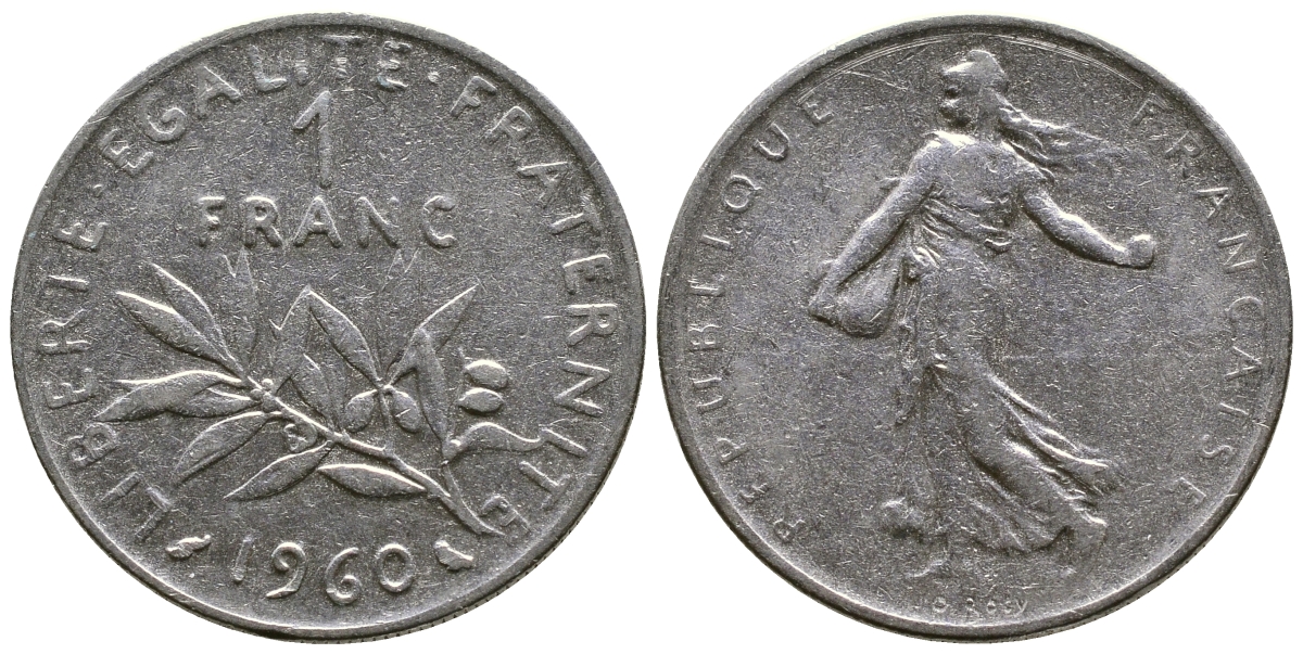 ФРАНЦИЯ 1 ФРАНК 1960 СЕЯТЕЛЬ KM 925.1, LE FRANC 226.4 никель 51-4323