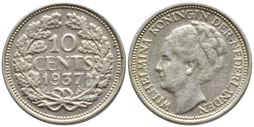 Нидерланды 10 центов 1937 Вильгельмина I (1890-1948) КМ 163 серебро 26-559