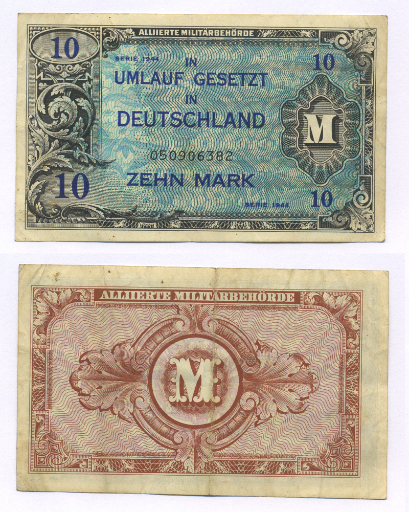 ГЕРМАНИЯ 10 МАРОК 1944 9 ЦИФР В НОМЕРЕ, ОККУПАЦИЯ ГЕРМАНИИ, ВТОРАЯ МИРОВАЯ ВОЙНА Pick 194b бумага 6300-14-3-1