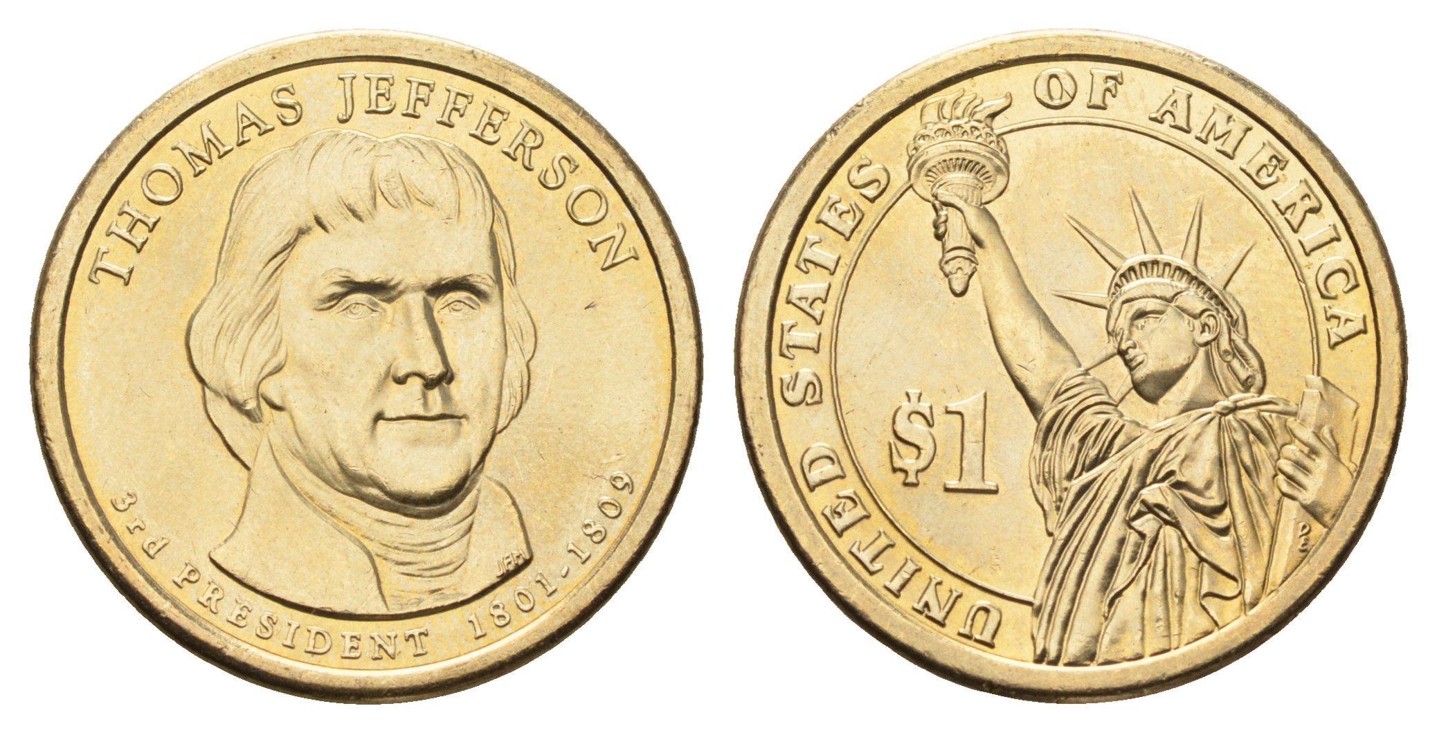 США 1 доллар 2007 D, Президент США - Томас Джеферсон (1801-1809) KM 403 медь с марганцево-латунным покрытием UNC 4624-146