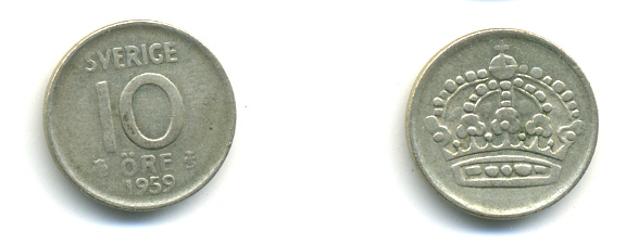 Швеция 10 эре 1959 TS, Густав VI Адольф (1950-1973) KM 823 серебро 80-543