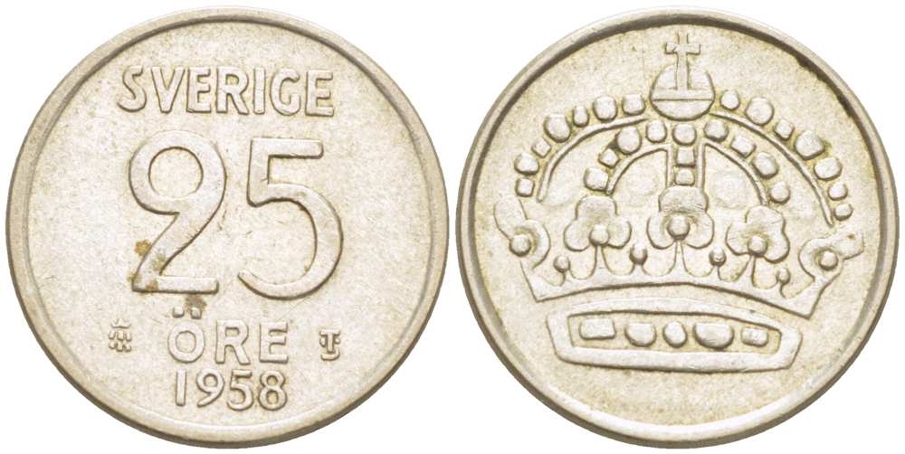 Швеция 25 эре 1958 TS, Густав VI Адольф (1950-1973) KM 824 серебро 4516-455