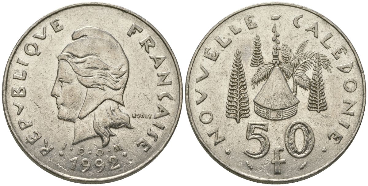 Французская Новая Каледония 50 франков 1992 хижина среди сосен и пальм, (IEOM) KM 13, Schoen 15, Lec 121 никель 111-532