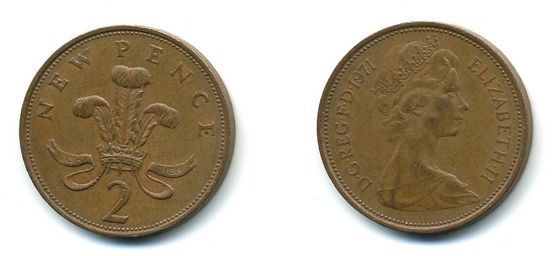 Великобритания 2 пенса 1971 Елизавета II (1952-2022) КМ 916, Spink 4235 (C1) бронза 4110-615