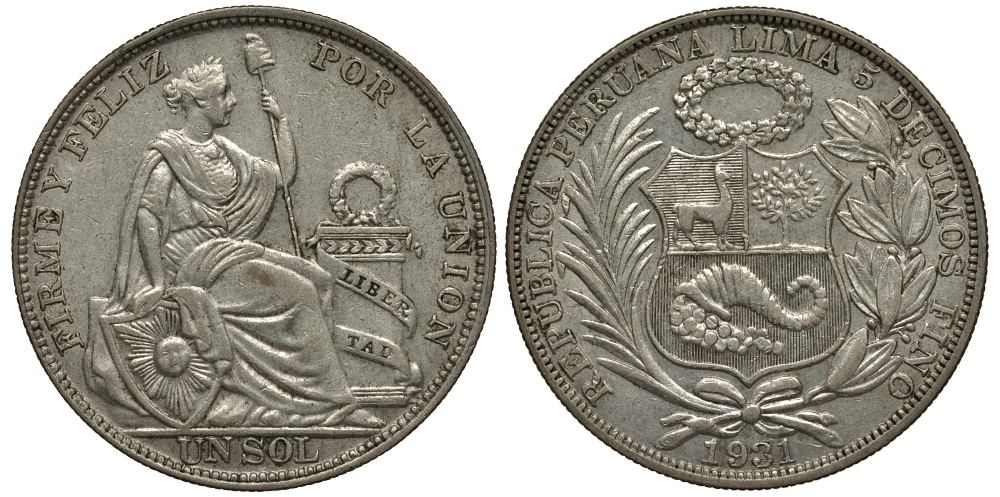 Перу 1 соль 1931 KM 218.2 серебро 272-941