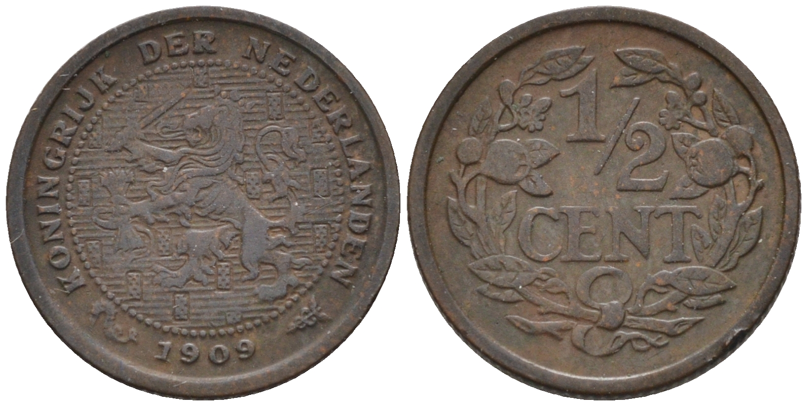 Нидерланды 1/2 цента 1909 Вильгельмина (1890-1948) KM 138 бронза    4169-235