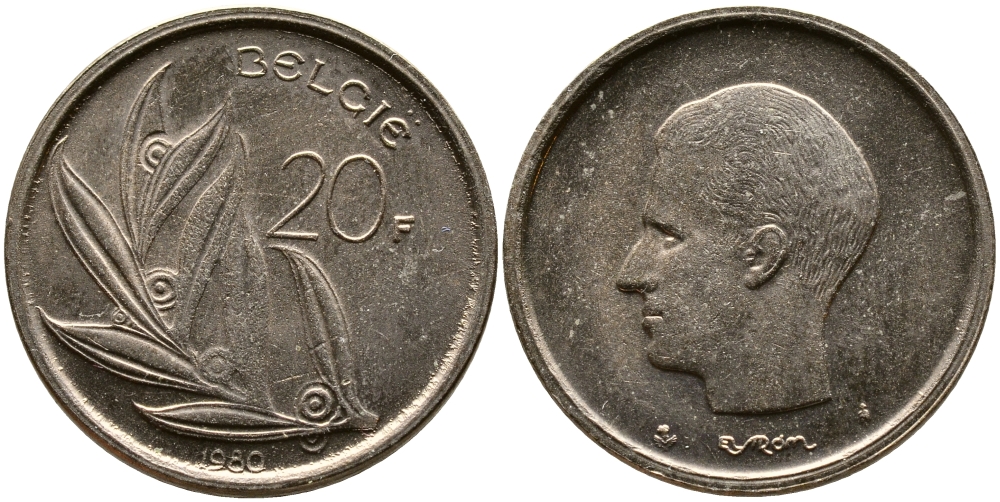 БЕЛЬГИЯ 20 ФРАНКОВ 1980 BELGIE, БОДУЭН I (1951-1993) KM 160 никель бронза 4388-1231