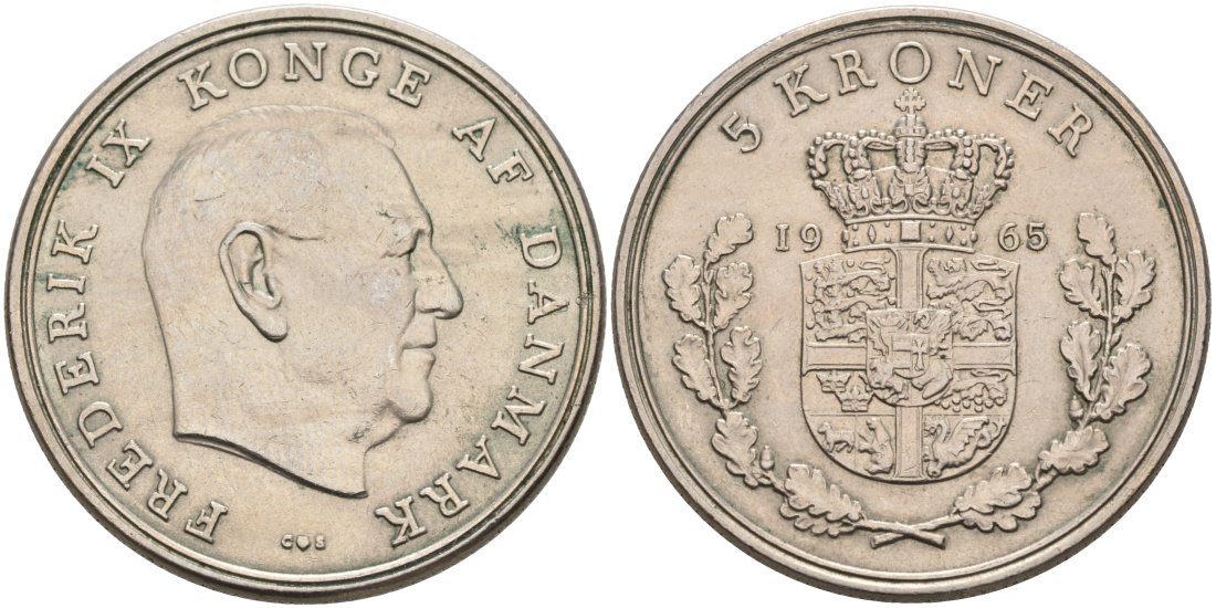 Дания 5 крон 1965 C;S, Фредерик IX (1947-1972) KM 851.1 медно-никель 4572-316