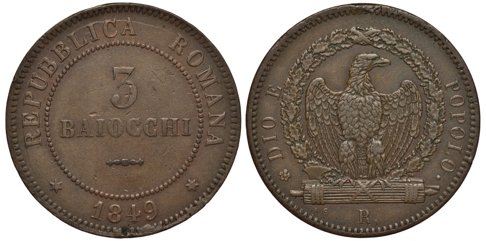 Италия 3 байоччи 1849 Montenegro 73, CNI 6, Berman 3300, Muntoni 5 медь 1519-333