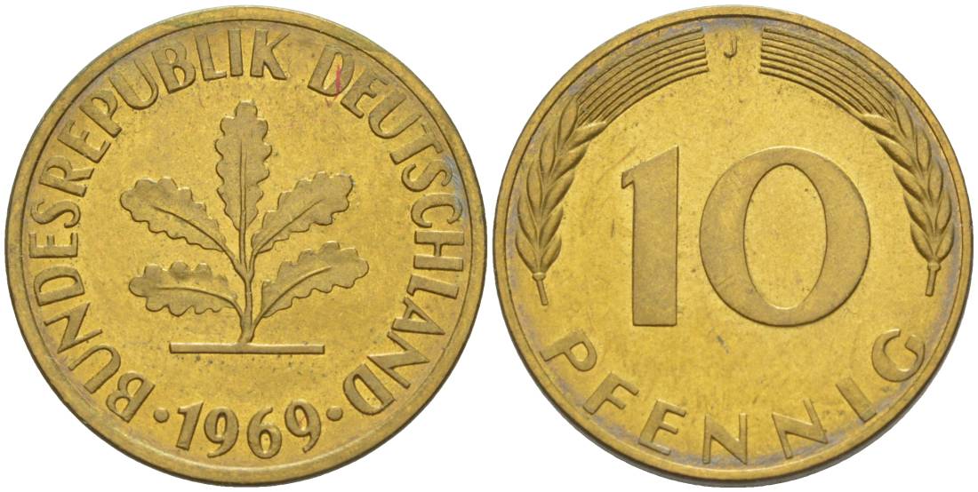 ФРГ 10 ПФЕННИГОВ 1969 J KM 108, J. 383 сталь плакированная латунью 219-434
