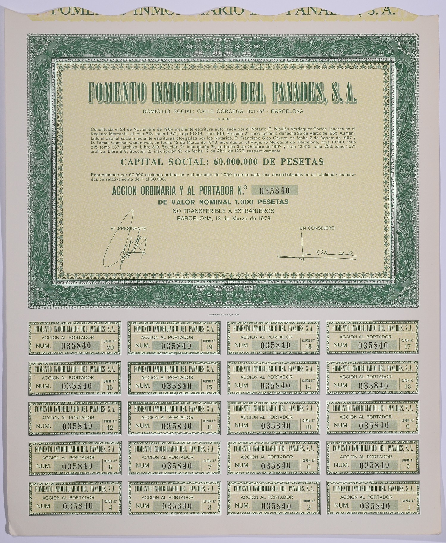 Испания акция на 1000 песет 1973 Fomento Inmobiliario del Panades, S.A., Барселона 1973, с купонами бумага 5544-11
