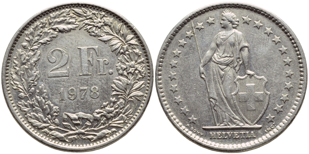 ШВЕЙЦАРИЯ 2 ФРАНКА 1978 KM 21а.1 медно-никель 4394-1226