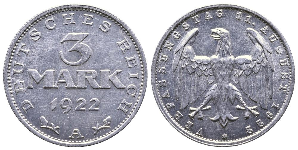Германия 3 марки 1922 А, третья годовщина Веймарской Конституции KM 29, J. 303 алюминий 4380-745