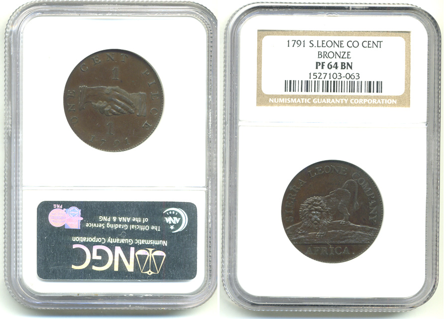 Сьерра-Леоне 1 пенни 1791 рукопожатие, лев KM 2.1 медь PF 64 BN слаб 00-00