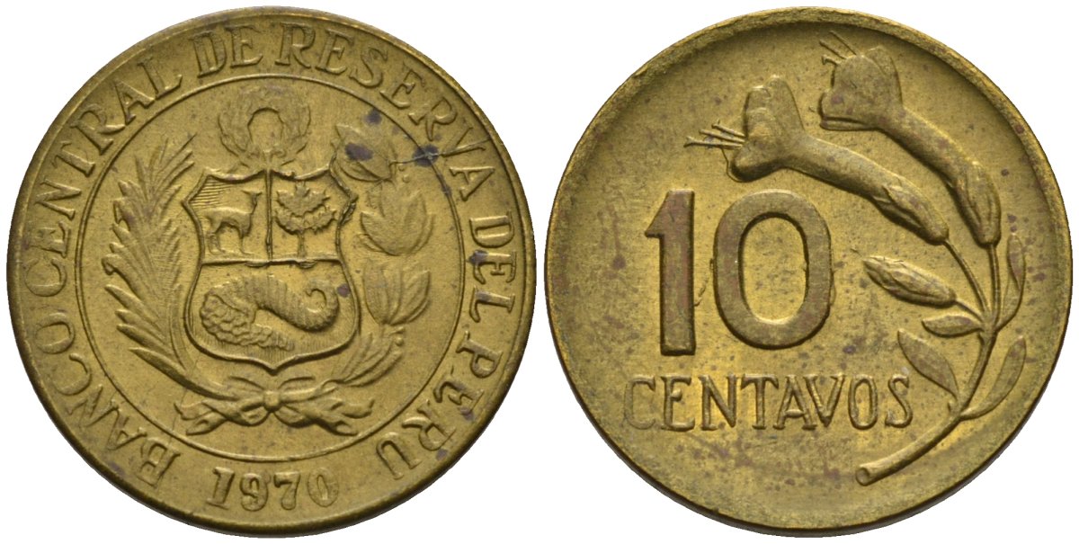 Перу 10 сентаво 1970 KM 145 латунь 4580-143