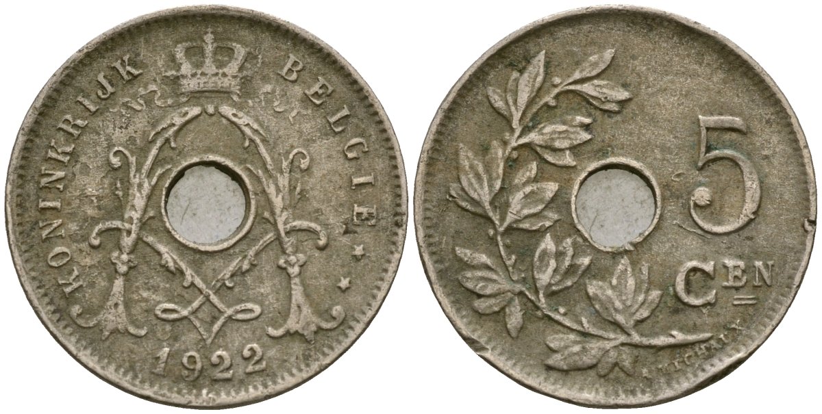 Бельгия 5 сантимов 1922 BELGI? KM 67 медно-никель 4174-259