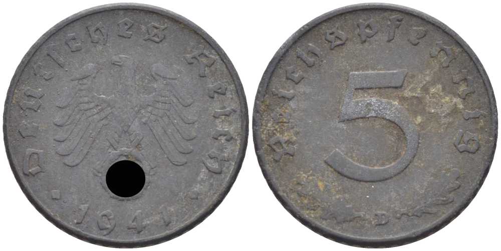 ГЕРМАНИЯ 5 РЕЙХСПФЕННИГОВ 1941 D KM 100, J. 370 цинк 105-253