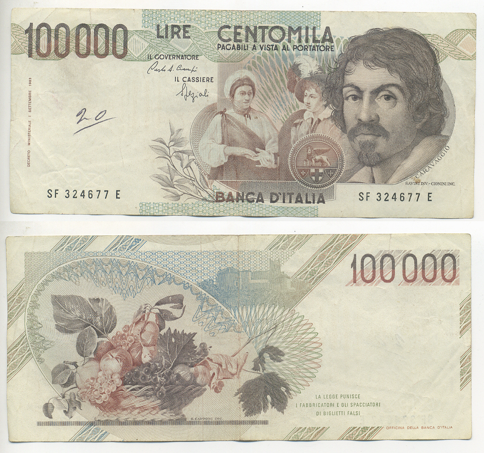 Италия 100000 лир 1983 Караваджо, фруктовый букет, подпись Stevani Pick 110а бумага 7220-1-3