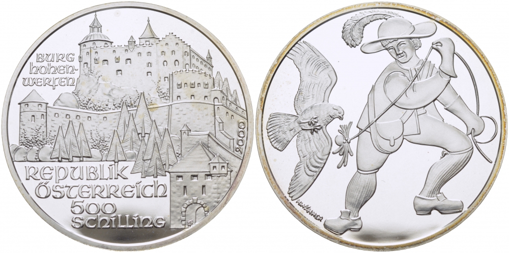 Австрия 500 шиллингов 2000 замок Хоэнверфен, птицелов KM 3071 серебро PROOF 1077-10-14