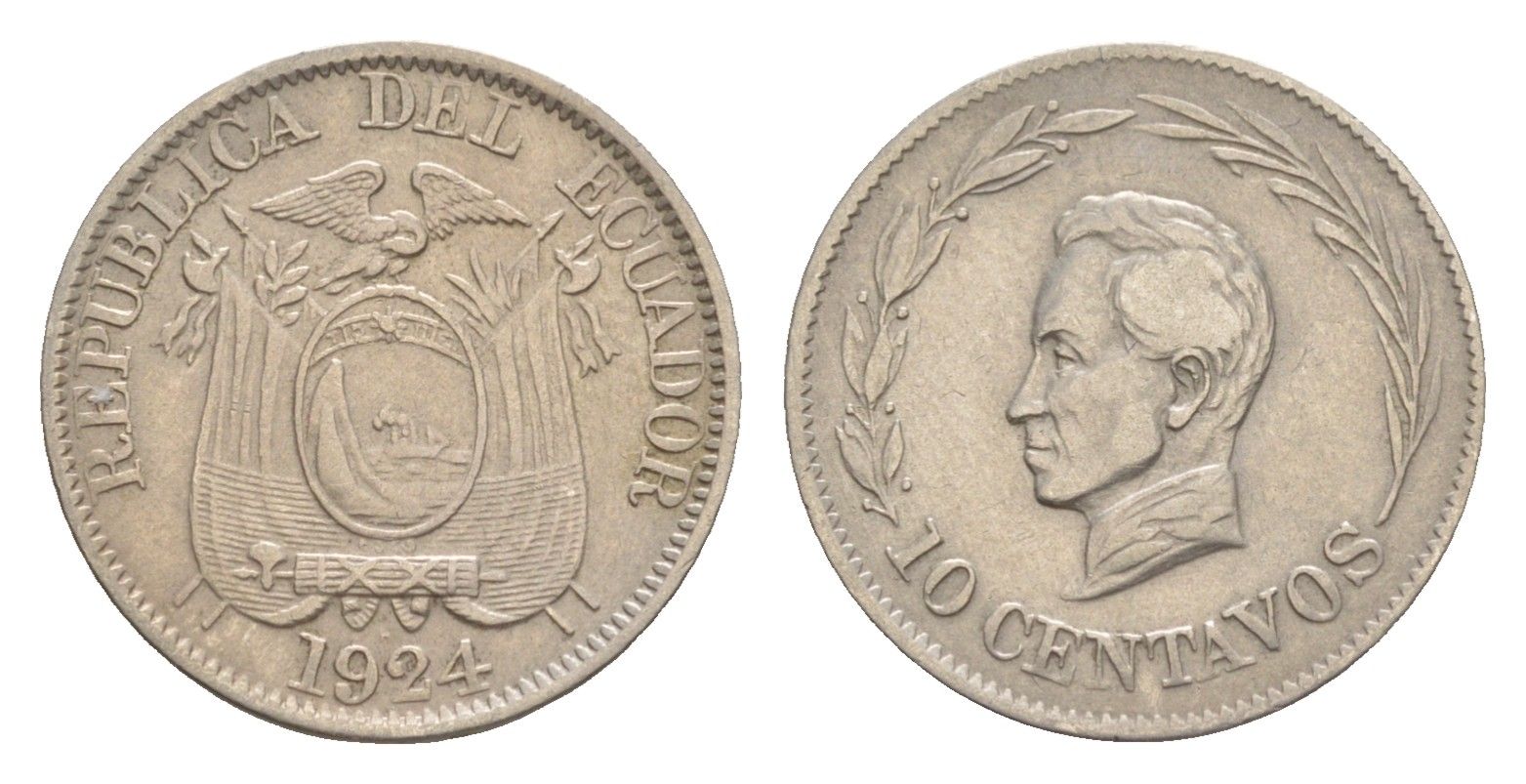 Эквадор 10 сентаво 1924 KM 66 медно-никель 1528-1411
