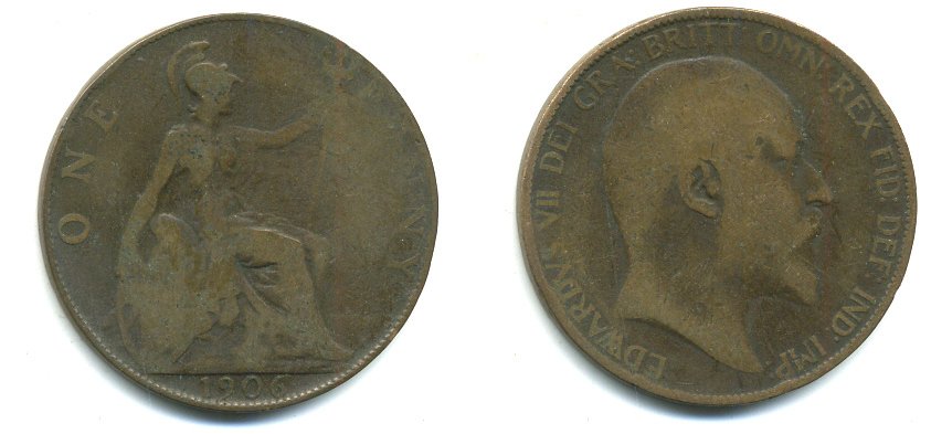 Великобритания 1 пенни 1906 Эдуард VII (1901-1910) KM 794.2, Spink 3990 бронза 47-244