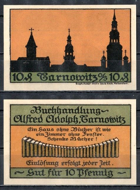 Тарновиц (Силезия) 10 пфеннигов 1921 Книжный магазин Альфреда Адольфа DeNG 1/2 1311.1a-1 бумага UNC (пресс) 7555-16-1-1