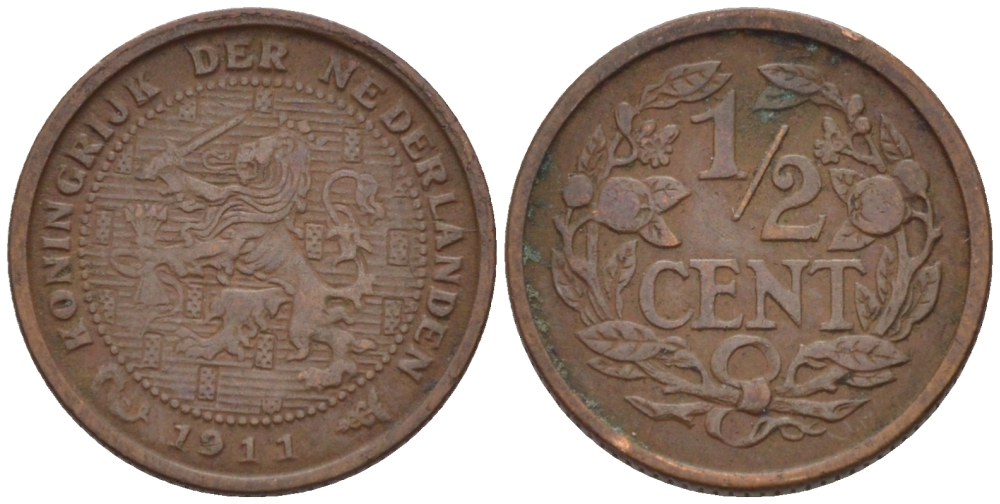 НИДЕРЛАНДЫ 1/2 ЦЕНТА 1911 ВИЛЬГЕЛЬМИНА (1890-1948) KM 138 бронза 39-158
