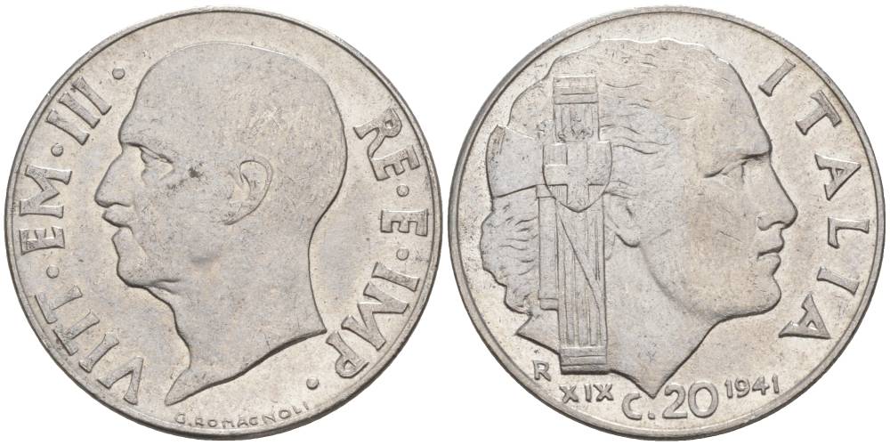 ИТАЛИЯ 20 ЧЕНТЕЗИМО 1941 R, ГОД XIX, ВИКТОР ЭММАНУИЛ III (1900-1946) KM 75b, VEM3. 1028 нержавеющая сталь 3853-747
