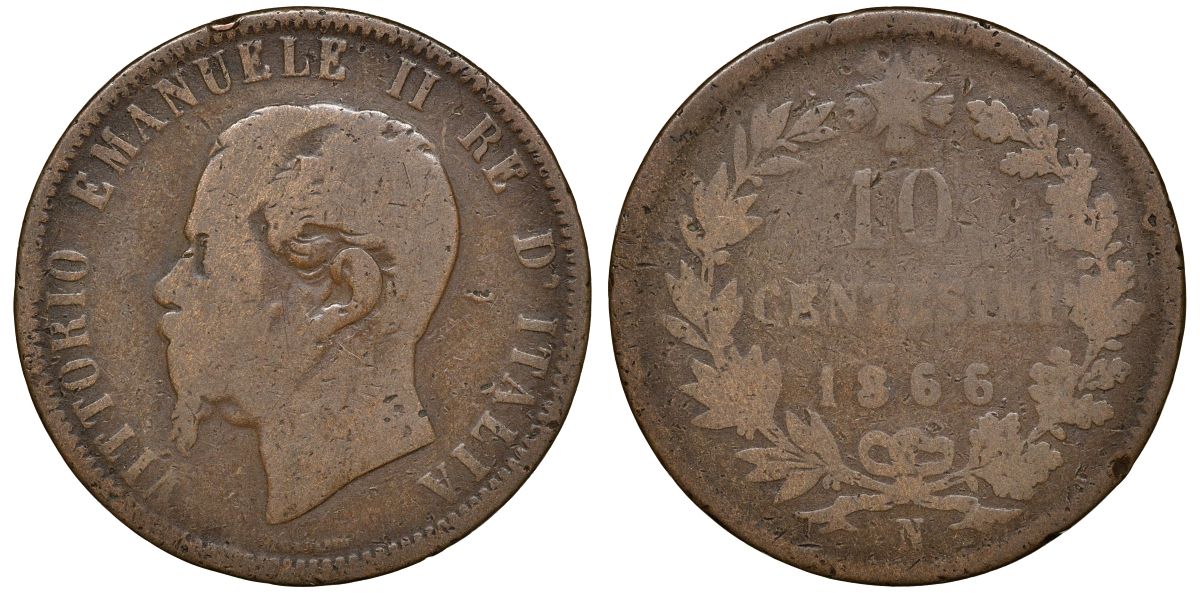 Италия 10 чентезимо 1866 N, Виктор Эммануил II KM 11.4 медь 4512-433