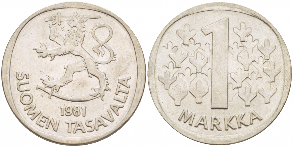 ФИНЛЯНДИЯ 1 МАРКА 1981 K KM 49а медно-никель UNC 3718-932