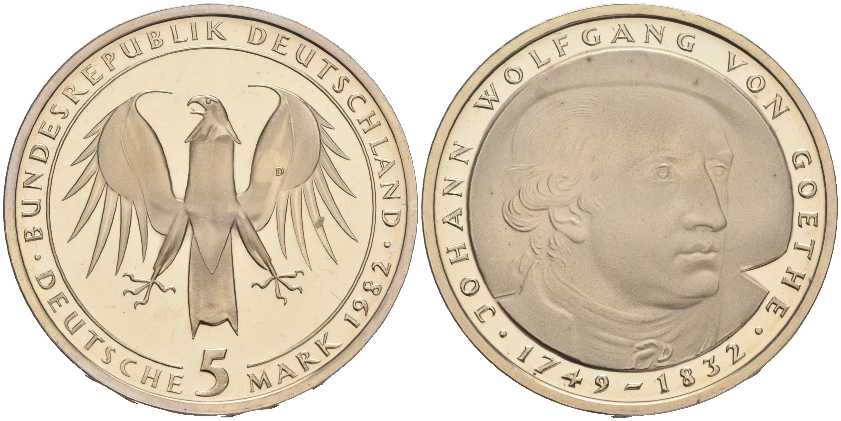 ФРГ 5 марок 1982 D, 150 лет со дня смерти Иоганна Вольфганга фон Гете KM 156, J. 432 медно-никель плакированный никелем плакированный никелем PROOF 02-265-24