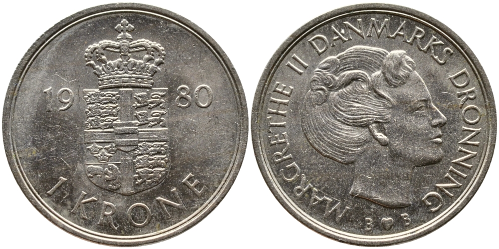 Дания 1 крона 1980 S; B, Маргрете II (1972-) KM 862.1 медно-никель 4610-946