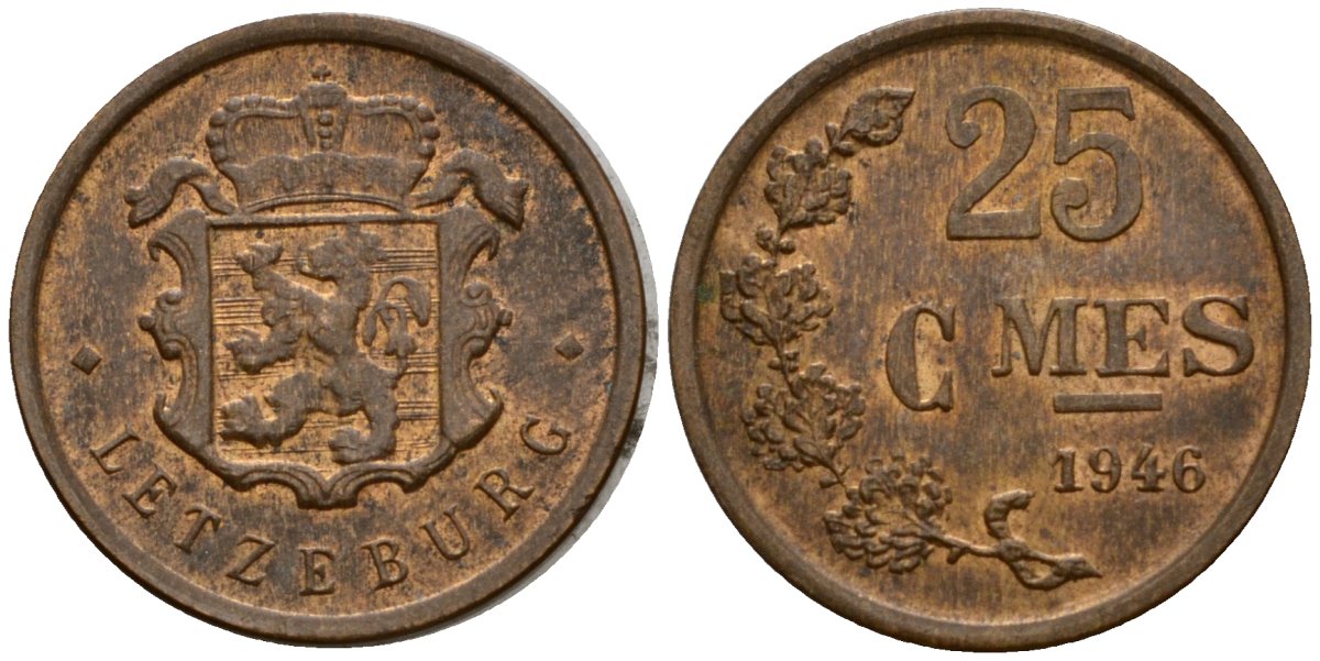 Люксембург 25 сантимов 1946 Шарлотта (1918-1964) KM 45 бронза 4115-831