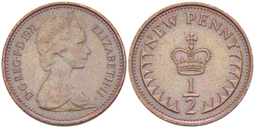 Великобритания 1/2 пенни 1971 Елизавета II (1952-2022) KM 914, Spink 4239 бронза 4387-443