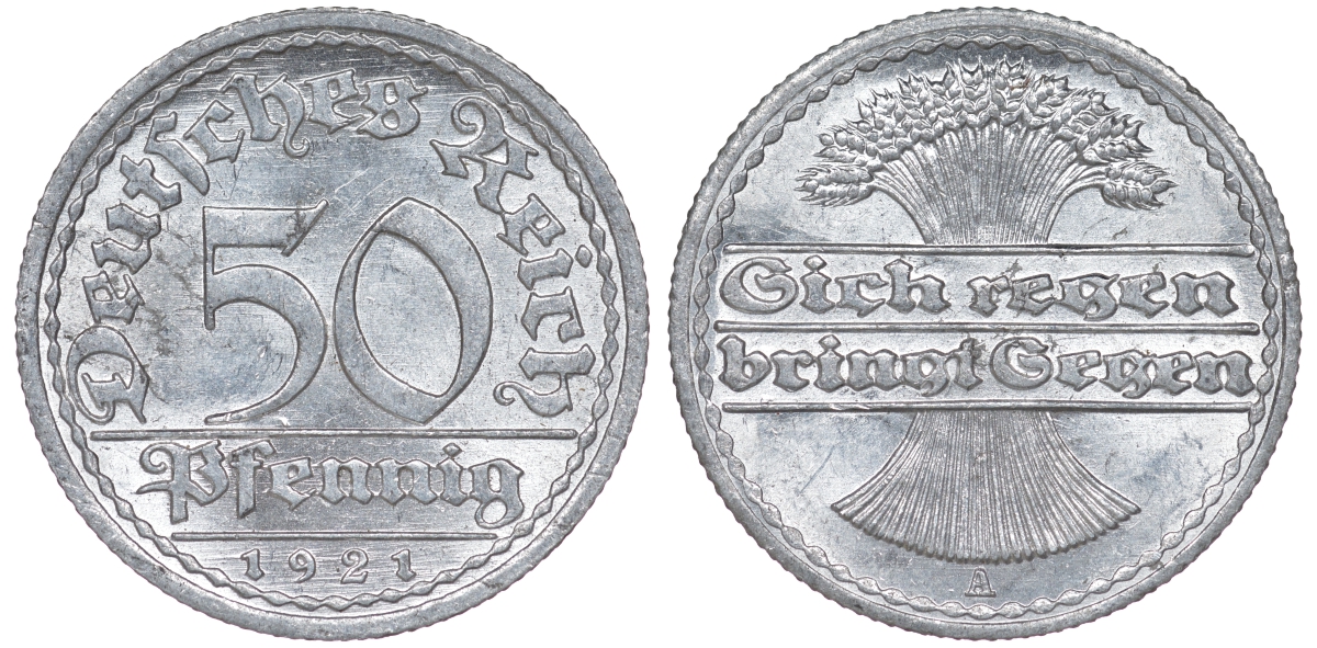 Германия 50 пфеннигов 1921 A KM 27, J. 301 алюминий aUNC 4114-616