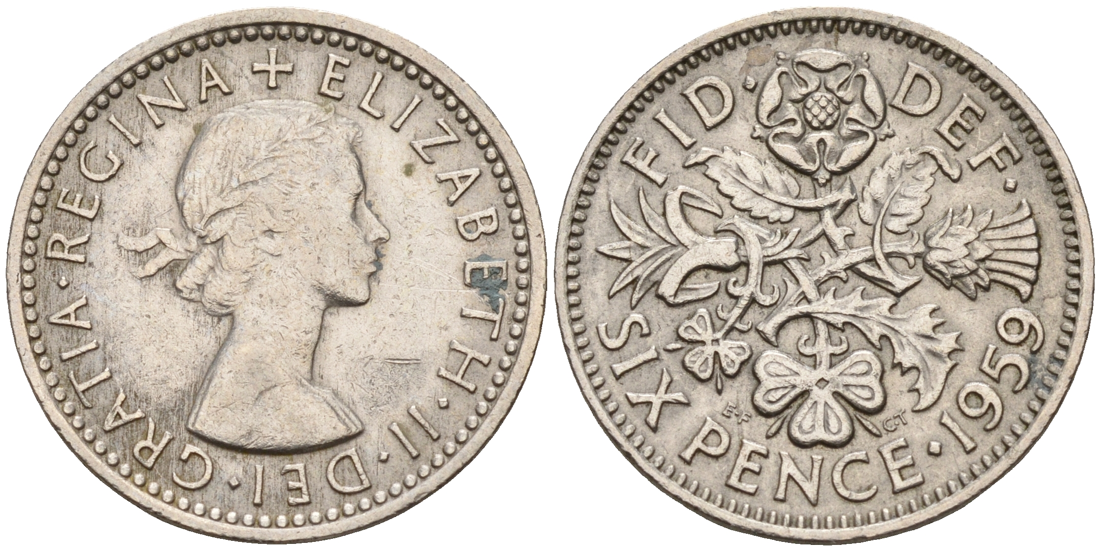 Великобритания 6 пенсов 1959 Елизавета II (1952-2022) KM 903, Spink 4149 медно-никель    4152-1168