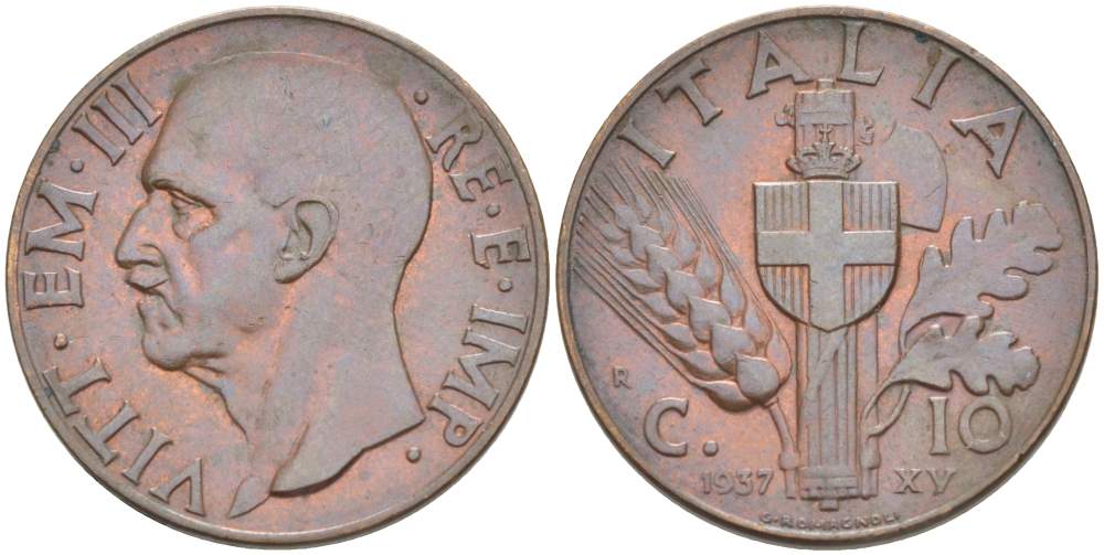 ИТАЛИЯ 10 ЧЕНТЕЗИМО 1937 R, ГОД XV, МОНДВОР РИМ, ВИКТОР ЭММАНУИЛ III (1900-1946) KM 74 медь 4525-211
