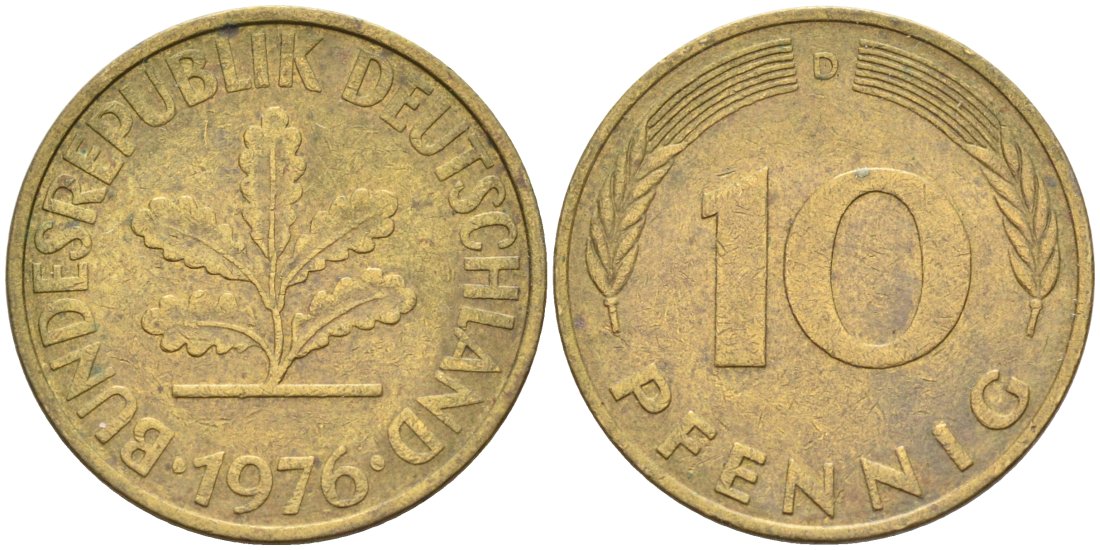 ФРГ 10 пфеннигов 1976 D KM 106 сталь плакированная латунью 4571-541